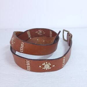 Omega Brown Leather Piece Stitched Belt Size Large 35" Long Punched Embroidered